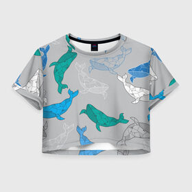 Женская футболка Crop-top 3D с принтом Узор с китами на сером в Белгороде, 100% полиэстер | круглая горловина, длина футболки до линии талии, рукава с отворотами | графика | кит | морской | рыба | серый | синий | узор
