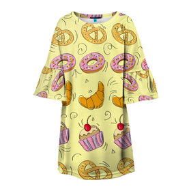 Детское платье 3D с принтом Сладости в ряд в Белгороде, 100% полиэстер | прямой силуэт, чуть расширенный к низу. Круглая горловина, на рукавах — воланы | Тематика изображения на принте: готовить | донат | еда | желтый | капкейк | кондитер | паттерн | пирожное | повар | подарок | сладкое | узор
