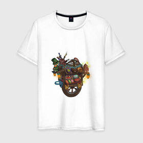 Мужская футболка хлопок с принтом Торговец в Белгороде, 100% хлопок | прямой крой, круглый вырез горловины, длина до линии бедер, слегка спущенное плечо. | леприкон | тележка | товары | торговец