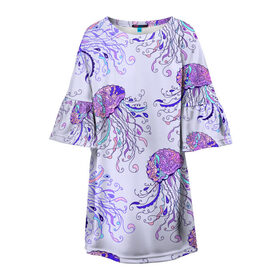 Детское платье 3D с принтом Узор Медуза в Белгороде, 100% полиэстер | прямой силуэт, чуть расширенный к низу. Круглая горловина, на рукавах — воланы | завитушки | медуза | море | морской | паттерн | розовый | узор | фиолетовый