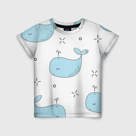 Детская футболка 3D с принтом Маленькие киты в Белгороде, 100% гипоаллергенный полиэфир | прямой крой, круглый вырез горловины, длина до линии бедер, чуть спущенное плечо, ткань немного тянется | детский | кит | маленький | море | морской | прикольный | рисунок | рыбы | скетч