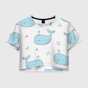 Женская футболка Crop-top 3D с принтом Маленькие киты в Белгороде, 100% полиэстер | круглая горловина, длина футболки до линии талии, рукава с отворотами | детский | кит | маленький | море | морской | прикольный | рисунок | рыбы | скетч