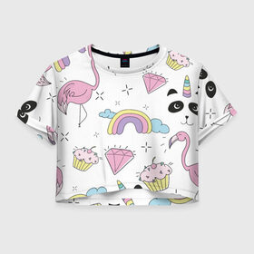 Женская футболка Crop-top 3D с принтом Кавайный розовый узор в Белгороде, 100% полиэстер | круглая горловина, длина футболки до линии талии, рукава с отворотами | бриллиант | детский | кавайный | капкейк | панда | паттерн | радуга | розовый | узор | фламинго