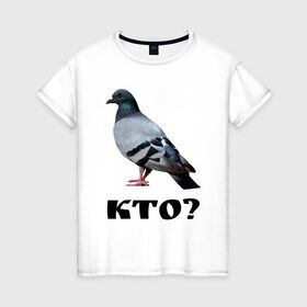 Женская футболка хлопок с принтом Кто? в Белгороде, 100% хлопок | прямой крой, круглый вырез горловины, длина до линии бедер, слегка спущенное плечо | голубь | кто | курлык | постирония | птичка
