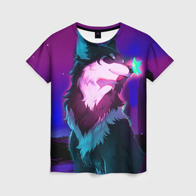 Женская футболка 3D с принтом Сказочный волк в Белгороде, 100% полиэфир ( синтетическое хлопкоподобное полотно) | прямой крой, круглый вырез горловины, длина до линии бедер | wolf | бабочка | волк | волки | волшебный волк | животные | звери | магический волк