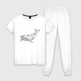 Женская пижама хлопок с принтом Графический кит в Белгороде, 100% хлопок | брюки и футболка прямого кроя, без карманов, на брюках мягкая резинка на поясе и по низу штанин | Тематика изображения на принте: графика | кит | линии | морской | рисунок | узор