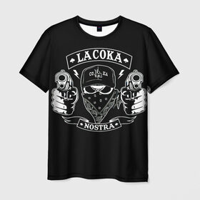 Мужская футболка 3D с принтом La Coka Nostra в Белгороде, 100% полиэфир | прямой крой, круглый вырез горловины, длина до линии бедер | gangstar | gun | la coka | music | nostra | skulls | гангстер | мафия | мозги | музыка | оружие | пистолет | скелет | черепа | черный