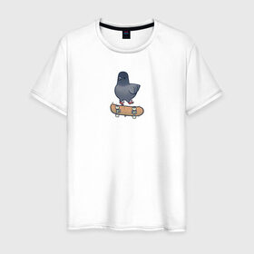 Мужская футболка хлопок с принтом Голубь скейтбордист в Белгороде, 100% хлопок | прямой крой, круглый вырез горловины, длина до линии бедер, слегка спущенное плечо. | Тематика изображения на принте: голубь | курлык | птица | скейт | экстрим