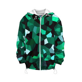 Детская куртка 3D с принтом Имеральд в Белгороде, 100% полиэстер | застежка — молния, подол и капюшон оформлены резинкой с фиксаторами, по бокам — два кармана без застежек, один потайной карман на груди, плотность верхнего слоя — 90 г/м2; плотность флисового подклада — 260 г/м2 | camouflage | casual style | geometry | green | hexagon | polygonal | stripes | texture | гексагон | геометрические | геометрия | городской | изумруд | камуфляж | кристаллы | милитари | мозаика | объемный | повседневный | полигон