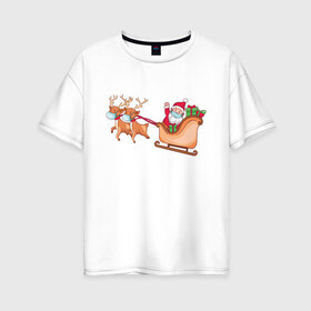 Женская футболка хлопок Oversize с принтом Санта в маске в Белгороде, 100% хлопок | свободный крой, круглый ворот, спущенный рукав, длина до линии бедер
 | christmas | deer | gifts | holiday | masks | new year | santa | sleigh | маски | новый год | олени | подарки | праздник | рождество | сани | санта