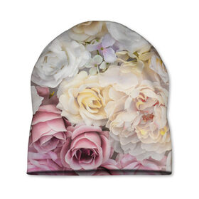 Шапка 3D с принтом Нежные Цветы в Белгороде, 100% полиэстер | универсальный размер, печать по всей поверхности изделия | белый | розовый | розы | сирень | цветок