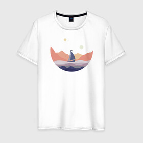 Мужская футболка хлопок с принтом Яхта в океане в Белгороде, 100% хлопок | прямой крой, круглый вырез горловины, длина до линии бедер, слегка спущенное плечо. | лодка | море | океан | путешествия | яхта | яхтинг