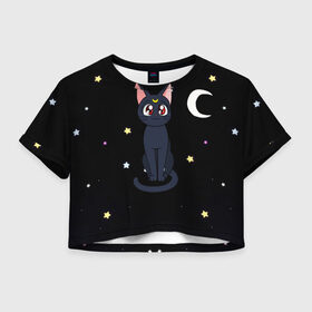 Женская футболка Crop-top 3D с принтом Луна в Белгороде, 100% полиэстер | круглая горловина, длина футболки до линии талии, рукава с отворотами | sailor moon. кот луна | кот | кошка | луна | сейлор мун | сейлормун