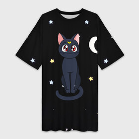 Платье-футболка 3D с принтом Луна в Белгороде,  |  | sailor moon. кот луна | кот | кошка | луна | сейлор мун | сейлормун