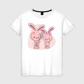 Женская футболка хлопок с принтом Клуб Романтики в Белгороде, 100% хлопок | прямой крой, круглый вырез горловины, длина до линии бедер, слегка спущенное плечо | букет | вдвоем | зайки | игрушки | милашки | розовые зайцы