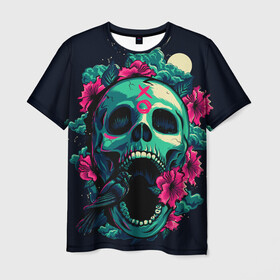 Мужская футболка 3D с принтом Череп с Цветами в Белгороде, 100% полиэфир | прямой крой, круглый вырез горловины, длина до линии бедер | skulls | xo | букет | градиент | животные | луна | мозги | полосы | природа | птицы | розы | скелет | текстура | узор | хо | цветы | черепа | черный | яркий