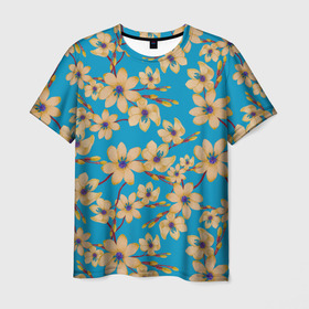 Мужская футболка 3D с принтом Иксии на голубом фоне в Белгороде, 100% полиэфир | прямой крой, круглый вырез горловины, длина до линии бедер | 8 марта | flowers | summer | весна | желтый | иксии | лето | праздник | природа | растения | цветы