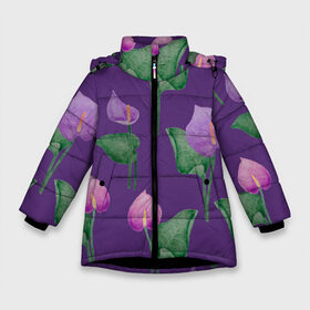 Зимняя куртка для девочек 3D с принтом Антуриумы на фиолетовом фоне в Белгороде, ткань верха — 100% полиэстер; подклад — 100% полиэстер, утеплитель — 100% полиэстер. | длина ниже бедра, удлиненная спинка, воротник стойка и отстегивающийся капюшон. Есть боковые карманы с листочкой на кнопках, утяжки по низу изделия и внутренний карман на молнии. 

Предусмотрены светоотражающий принт на спинке, радужный светоотражающий элемент на пуллере молнии и на резинке для утяжки. | 8 марта | flowers | summer | антуриумы | весна | зеленый | лето | листья | праздник | природа | растения | фиолетовый | цветы