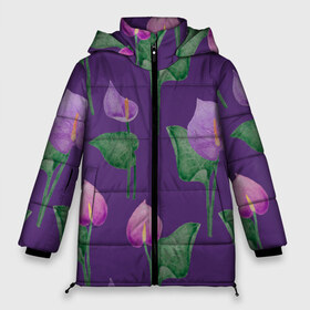 Женская зимняя куртка 3D с принтом Антуриумы на фиолетовом фоне в Белгороде, верх — 100% полиэстер; подкладка — 100% полиэстер; утеплитель — 100% полиэстер | длина ниже бедра, силуэт Оверсайз. Есть воротник-стойка, отстегивающийся капюшон и ветрозащитная планка. 

Боковые карманы с листочкой на кнопках и внутренний карман на молнии | 8 марта | flowers | summer | антуриумы | весна | зеленый | лето | листья | праздник | природа | растения | фиолетовый | цветы