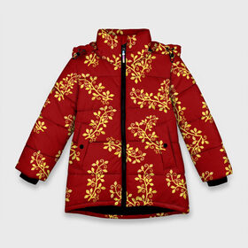 Зимняя куртка для девочек 3D с принтом Золотые веточки на красном в Белгороде, ткань верха — 100% полиэстер; подклад — 100% полиэстер, утеплитель — 100% полиэстер. | длина ниже бедра, удлиненная спинка, воротник стойка и отстегивающийся капюшон. Есть боковые карманы с листочкой на кнопках, утяжки по низу изделия и внутренний карман на молнии. 

Предусмотрены светоотражающий принт на спинке, радужный светоотражающий элемент на пуллере молнии и на резинке для утяжки. | 8 марта | flowers | summer | весна | веточки | золотой | лето | праздник | природа | растения | узор