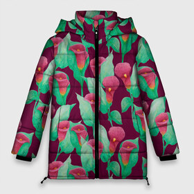 Женская зимняя куртка 3D с принтом Каллы на вишневом фоне в Белгороде, верх — 100% полиэстер; подкладка — 100% полиэстер; утеплитель — 100% полиэстер | длина ниже бедра, силуэт Оверсайз. Есть воротник-стойка, отстегивающийся капюшон и ветрозащитная планка. 

Боковые карманы с листочкой на кнопках и внутренний карман на молнии | Тематика изображения на принте: 8 марта | flowers | summer | весна | вишневый | зеленый | каллы | красный | лето | праздник | природа | растения | цветы
