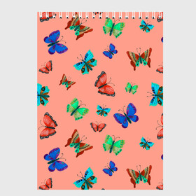 Скетчбук с принтом Бабочки на персиковом фоне в Белгороде, 100% бумага
 | 48 листов, плотность листов — 100 г/м2, плотность картонной обложки — 250 г/м2. Листы скреплены сверху удобной пружинной спиралью | 8 марта | butterflies | summer | бабочки | весна | зеленый | красный | лето | насекомые | праздник | природа | синий