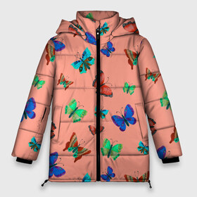 Женская зимняя куртка 3D с принтом Бабочки на персиковом фоне в Белгороде, верх — 100% полиэстер; подкладка — 100% полиэстер; утеплитель — 100% полиэстер | длина ниже бедра, силуэт Оверсайз. Есть воротник-стойка, отстегивающийся капюшон и ветрозащитная планка. 

Боковые карманы с листочкой на кнопках и внутренний карман на молнии | 8 марта | butterflies | summer | бабочки | весна | зеленый | красный | лето | насекомые | праздник | природа | синий