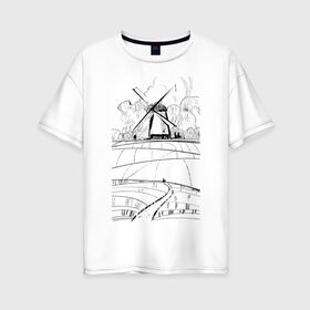 Женская футболка хлопок Oversize с принтом Мельница в Белгороде, 100% хлопок | свободный крой, круглый ворот, спущенный рукав, длина до линии бедер
 | Тематика изображения на принте: долина | кот | мельница | поля | тропинка