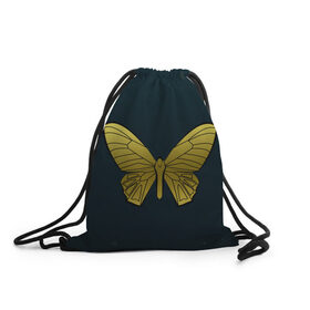 Рюкзак-мешок 3D с принтом Butterfly в Белгороде, 100% полиэстер | плотность ткани — 200 г/м2, размер — 35 х 45 см; лямки — толстые шнурки, застежка на шнуровке, без карманов и подкладки | Тематика изображения на принте: бабочка | геомеирический | золотой | темный фон