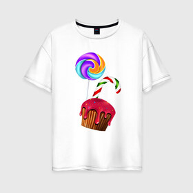 Женская футболка хлопок Oversize с принтом Кекс в Белгороде, 100% хлопок | свободный крой, круглый ворот, спущенный рукав, длина до линии бедер
 | выпечка | еда | карамель | сладости