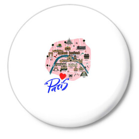 Значок с принтом Париж в Белгороде,  металл | круглая форма, металлическая застежка в виде булавки | Тематика изображения на принте: paris | достопримечательности | карта | париж | путешествия | франция | эйфелева башня | я люблю париж