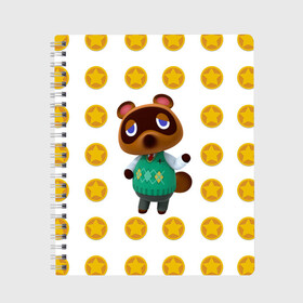 Тетрадь с принтом Animal crossing - Nook в Белгороде, 100% бумага | 48 листов, плотность листов — 60 г/м2, плотность картонной обложки — 250 г/м2. Листы скреплены сбоку удобной пружинной спиралью. Уголки страниц и обложки скругленные. Цвет линий — светло-серый
 | Тематика изображения на принте: animal crossing | nook | детский | желтый | игра | компьютерный | кроссинг | монеты | нок | нук | персонаж | подарок | том нук | узор | энимал кросинг