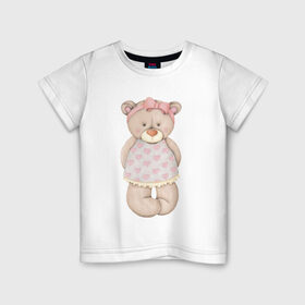 Детская футболка хлопок с принтом Мишка в платьишке в Белгороде, 100% хлопок | круглый вырез горловины, полуприлегающий силуэт, длина до линии бедер | акварель | девушке | карандашом | косолапый | медведь