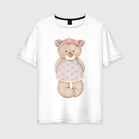 Женская футболка хлопок Oversize с принтом Мишка в платьишке в Белгороде, 100% хлопок | свободный крой, круглый ворот, спущенный рукав, длина до линии бедер
 | акварель | девушке | карандашом | косолапый | медведь