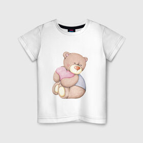 Детская футболка хлопок с принтом Мишка с сердечком в Белгороде, 100% хлопок | круглый вырез горловины, полуприлегающий силуэт, длина до линии бедер | акварель | карандашом | косолапый | медведь | сердечки