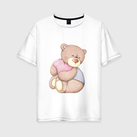 Женская футболка хлопок Oversize с принтом Мишка с сердечком в Белгороде, 100% хлопок | свободный крой, круглый ворот, спущенный рукав, длина до линии бедер
 | акварель | карандашом | косолапый | медведь | сердечки