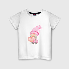 Детская футболка хлопок с принтом Гномик-девочка в Белгороде, 100% хлопок | круглый вырез горловины, полуприлегающий силуэт, длина до линии бедер | влюбленные | гномик | день валентина | парные | парочки | розовый | сердечко | шарик