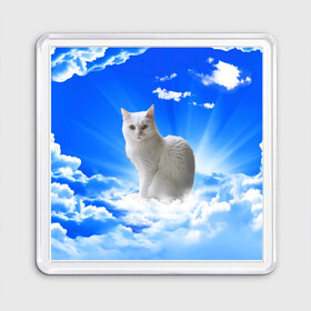 Магнит 55*55 с принтом Кот в облаках в Белгороде, Пластик | Размер: 65*65 мм; Размер печати: 55*55 мм | animals | cat | kitty | ангел | белый кот | блики | взгляд кота | глаза кота | животные | киска | кот | котейка | котенок | котик | кошак | кошка | лучи | мордочка | небесный | небо | облака | пейзаж | питомец