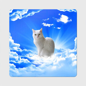 Магнит виниловый Квадрат с принтом Кот в облаках в Белгороде, полимерный материал с магнитным слоем | размер 9*9 см, закругленные углы | animals | cat | kitty | ангел | белый кот | блики | взгляд кота | глаза кота | животные | киска | кот | котейка | котенок | котик | кошак | кошка | лучи | мордочка | небесный | небо | облака | пейзаж | питомец