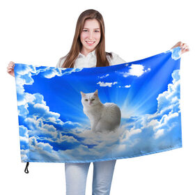 Флаг 3D с принтом Кот в облаках в Белгороде, 100% полиэстер | плотность ткани — 95 г/м2, размер — 67 х 109 см. Принт наносится с одной стороны | animals | cat | kitty | ангел | белый кот | блики | взгляд кота | глаза кота | животные | киска | кот | котейка | котенок | котик | кошак | кошка | лучи | мордочка | небесный | небо | облака | пейзаж | питомец