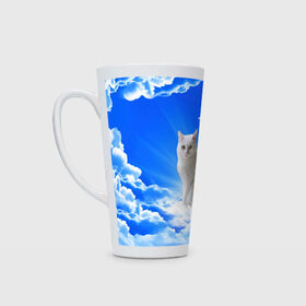 Кружка Латте с принтом Кот в облаках в Белгороде, Белая керамика | Объем 480 мл; Высота 150 мм; Диаметр 90 мм | Тематика изображения на принте: animals | cat | kitty | ангел | белый кот | блики | взгляд кота | глаза кота | животные | киска | кот | котейка | котенок | котик | кошак | кошка | лучи | мордочка | небесный | небо | облака | пейзаж | питомец