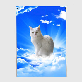 Постер с принтом Кот в облаках в Белгороде, 100% бумага
 | бумага, плотность 150 мг. Матовая, но за счет высокого коэффициента гладкости имеет небольшой блеск и дает на свету блики, но в отличии от глянцевой бумаги не покрыта лаком | animals | cat | kitty | ангел | белый кот | блики | взгляд кота | глаза кота | животные | киска | кот | котейка | котенок | котик | кошак | кошка | лучи | мордочка | небесный | небо | облака | пейзаж | питомец
