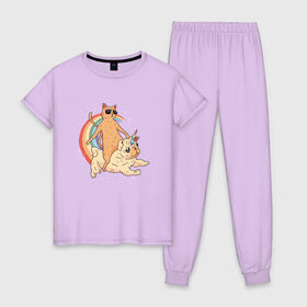 Женская пижама хлопок с принтом Кот верхом на мопсе единороге в Белгороде, 100% хлопок | брюки и футболка прямого кроя, без карманов, на брюках мягкая резинка на поясе и по низу штанин | Тематика изображения на принте: cat | cool cat | cute | galaxy | pug | pugs | rainbow | space | stars | бульдог | бульдожка | галактика | звезды | космический | космос | кошка | крутой кот | милые | милый | мопс | мопсик | на радуге | очки | прикол | радуга