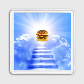 Магнит 55*55 с принтом Райский бургер в Белгороде, Пластик | Размер: 65*65 мм; Размер печати: 55*55 мм | food | hamburger | hot dog | ангел | блики | булка | булочка | бургер | бутерброд | вкусняшки | гамбургер | еда | котлета | лестница | лучи | небесный | небо | обжора | облака | пейзаж | природа | рай | сендвич