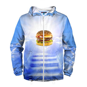 Мужская ветровка 3D с принтом Райский бургер в Белгороде, 100% полиэстер | подол и капюшон оформлены резинкой с фиксаторами, два кармана без застежек по бокам, один потайной карман на груди | Тематика изображения на принте: food | hamburger | hot dog | ангел | блики | булка | булочка | бургер | бутерброд | вкусняшки | гамбургер | еда | котлета | лестница | лучи | небесный | небо | обжора | облака | пейзаж | природа | рай | сендвич