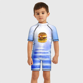 Детский купальный костюм 3D с принтом Райский бургер в Белгороде, Полиэстер 85%, Спандекс 15% | застежка на молнии на спине | food | hamburger | hot dog | ангел | блики | булка | булочка | бургер | бутерброд | вкусняшки | гамбургер | еда | котлета | лестница | лучи | небесный | небо | обжора | облака | пейзаж | природа | рай | сендвич
