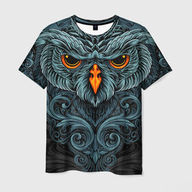 Мужская футболка 3D с принтом Ornament Owl в Белгороде, 100% полиэфир | прямой крой, круглый вырез горловины, длина до линии бедер | арт | глаза | животные | обложка | орнамент | перья | птица | рисунок | рок | сова | татуировки