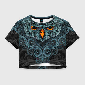 Женская футболка Crop-top 3D с принтом Ornament Owl в Белгороде, 100% полиэстер | круглая горловина, длина футболки до линии талии, рукава с отворотами | арт | глаза | животные | обложка | орнамент | перья | птица | рисунок | рок | сова | татуировки