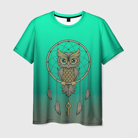 Мужская футболка 3D с принтом сова ловец снов в Белгороде, 100% полиэфир | прямой крой, круглый вырез горловины, длина до линии бедер | арт | взгляд | градиент | знание | ключ | круг | ловец снов | масоны | мудрость | перо | птица | птичка | сова | тайна | филин
