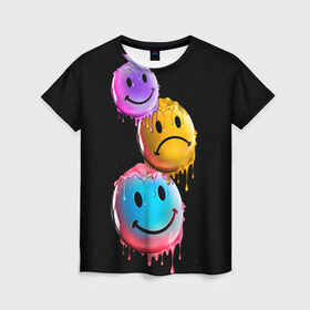 Женская футболка 3D с принтом Smail в Белгороде, 100% полиэфир ( синтетическое хлопкоподобное полотно) | прямой крой, круглый вырез горловины, длина до линии бедер | lol | smile | грусть | краски | мем | позитив | рожица | смайл | смех | улыбка